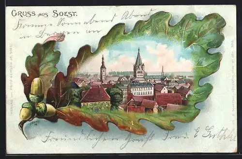 Passepartout-Lithographie Soest, Blick über die Dächer, Eichenblatt, Um 1900