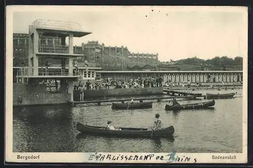 AK Bergedorf, Badeanstalt mit Badenden und Kanufahrern