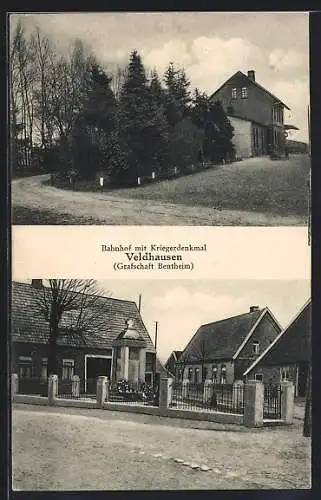 AK Veldhausen /Grafschaft Bentheim, Bahnhof mit Kriegerdenkmal