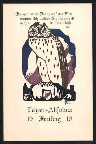Künstler-AK Freising, Lehrer-Absolvia 1919, Eule mit Wappen