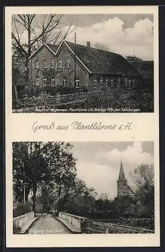 AK Plantlünne i. H., Gasthof Hagemann, Eingang zum Dorf