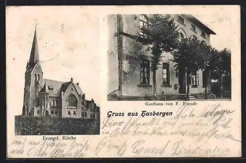 AK Hasbergen / Osnabrück, Gasthaus von F. Freude, Evangelische Kirche