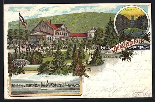 Lithographie Springe am Deister, Gasthaus Deisterpforte, Aussichtsturm, Gesamtansicht