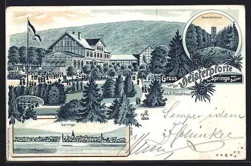 Lithographie Springe / Deister, Gasthaus zur Deisterpforte, Aussichtsturm, Ortsansicht