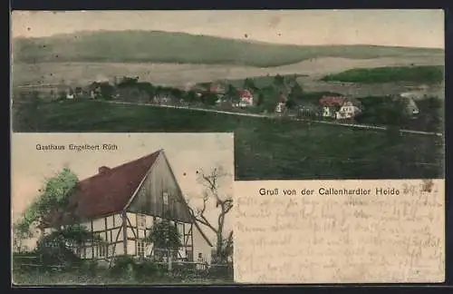 AK Callenhardt, Gasthaus Engelbert Rüth, Gesamtansicht mit Heide aus der Vogelschau