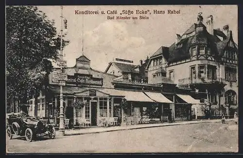 AK Bad Münster am Stein, Konditorei-Cafe Süsse Ecke H. Rabel mit Strasse