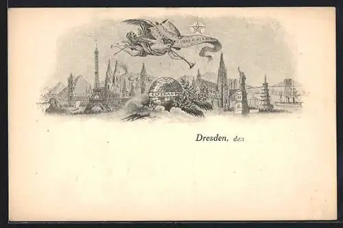 Künstler-AK Dresden, Welt-Panorama mit Esperanto-Weltkugel und fliegendem Engel mit Trompete u. Fahne, F. Emil Boden