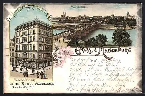 Lithographie Magdeburg, Geschäftshaus Louis Behne, Breite Weg 16, Ortsansicht mit Brücke