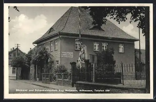 AK Alfhausen, Bäckerei-Gasthaus A. Bollmann mit Kriegerdenkmal