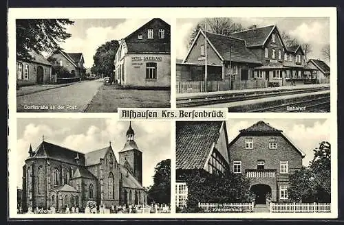 AK Alfhausen, Dorfstrasse mit Post, Kirche, Krankenhaus, Bahnhof