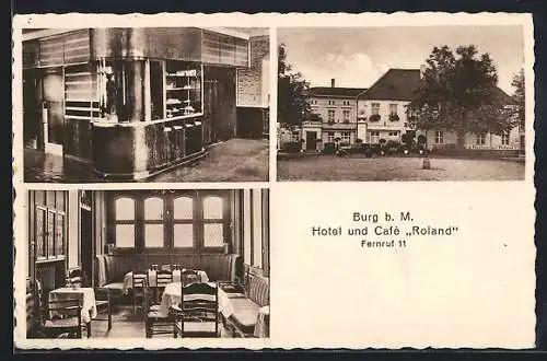 AK Burg b. M., Hotel-Cafe Roland, mit Innenansichten, Speiseaufzug