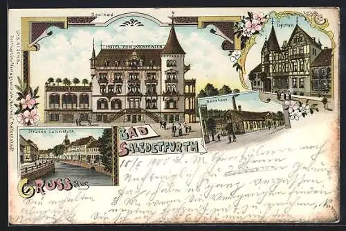 Lithographie Bad Salzdetfurth, Hotel Zum Kronprinzen, Badehaus, Strasse Salzdetfurth