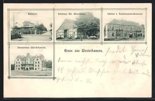 AK Westerhausen / Melle, Bahnhof, Gasthaus A. Wiesehahn, Sanatorium Schledehausen, Schloss Hammerstein-Gesmold