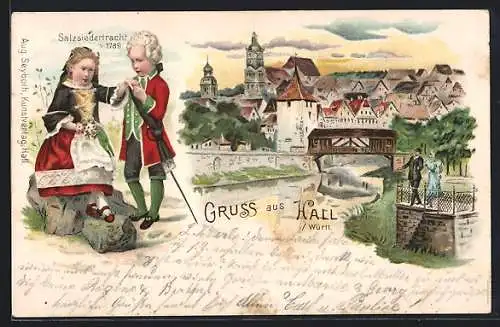 Lithographie Hall i / Württ., Teilansicht mit Brücke, Pärchen in Salzsiedertracht von 1789