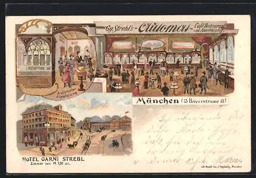 Lithographie München, Hotel Garni Strebl, Bayerstrasse 13, Automaten-Ausstellung