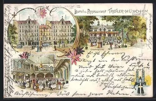 Lithographie München, Hotel Trefler, Sonnenstr. 21-28, Conzertgarten und -saal, Münchner Kindl