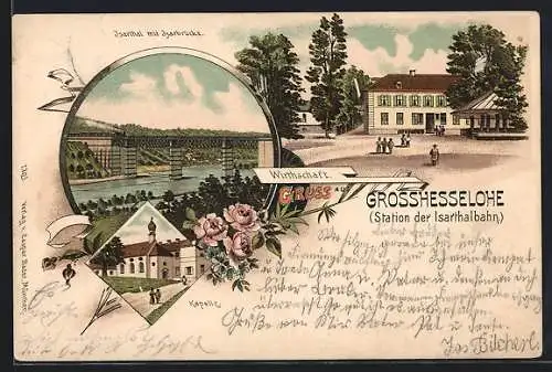 Lithographie Grosshesselohe, Gasthaus, Kapelle, Isartal mit Isarbrücke