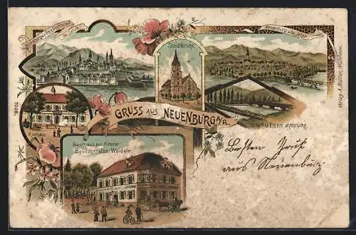 Lithographie Neuenburg a. R., Bierbrauerei Müller, Rathaus, Stadtkirche