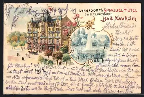 Lithographie Bad Nauheim, Langsdorf`s Sprudel-Hotel mit der Fontäne