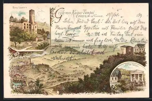 Lithographie Eppstein i. T., Kaisertempel, Burg Eppstein und Landschaftspanorama