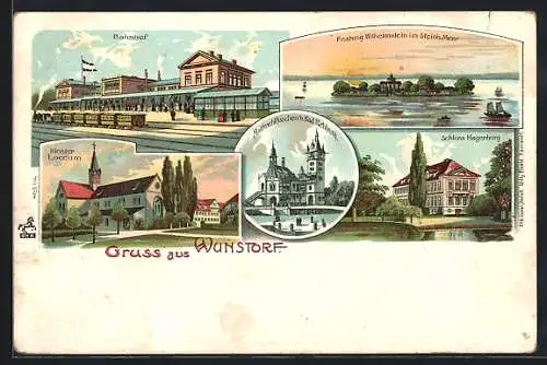 Lithographie Wunstorf, Bahnhof, Kloster Loccum, Schloss Hagenburg