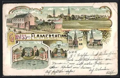 Lithographie Flamersheim, Restaurant Casimir Flink, Burg, Kriegerdenkmal, Gesamtansicht von Ringsheim aus