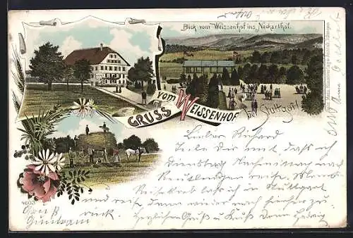 Lithographie Stuttgart, Das Gut Weissenhof, Blick von dort ins Neckarthal