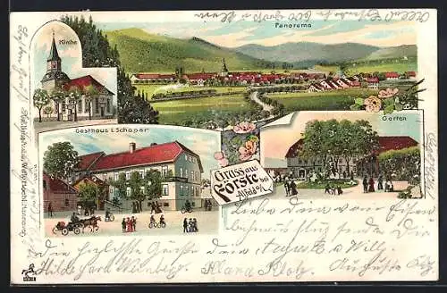 Lithographie Förste bei Alfeld, Gasthaus L. Schoper mit Gartenwirtschaft, Kirche, Gesamtansicht