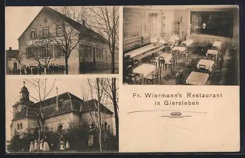 AK Giersleben, Fr. Wiermann`s Restaurant mit Festsaal, die Kirche