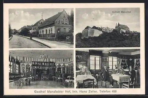 AK Mansfeld, Gasthof Mansfelder Hof v. Hans Zeller mit Festsaal und Gaststube, das Schloss