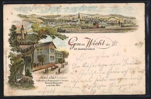 Lithographie Wiehl /Gummersbach, Das Hotel Idel am Bahnhof, Schloss Homburg, Gesamtansicht