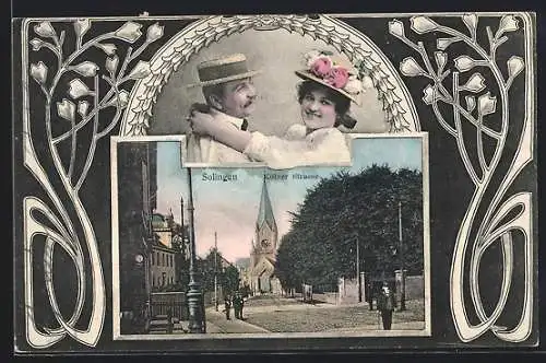 AK Solingen, Kölner Strasse mit Blick zur Kirche, Jugendstil-Passepartout mit Ehepaar