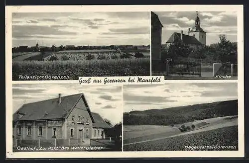 AK Gorenzen bei Mansfeld, Gasthof Zur Post v. Walter Giessler, das Hagental, Kirche