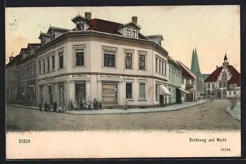 AK Egeln, Breiteweg und Markt, Kaufhaus von Moritz Kaufmann