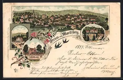 Lithographie Moritzberg / Hildesheim, Gasthaus zum Berghölzchen, Waldquelle, Krehla, Panorama