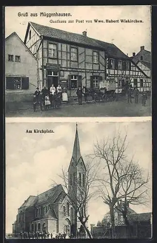 AK Müggenhausen, Gasthaus zur Post v. Wwe. Hubert Wiskirchen, Kirchplatz mit Kirche