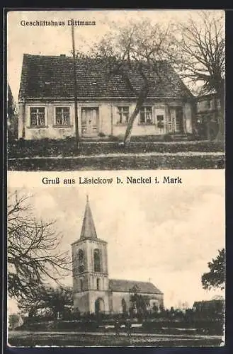 AK Läsickow b. Nackel i. Mark, Geschäftshaus Dittmann, Kirche