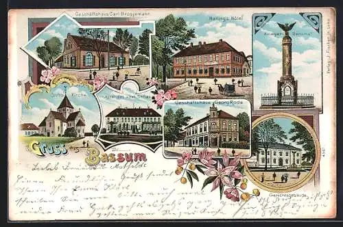 Lithographie Bassum, Harlings Hotel, Geschäftshaus Carl Brüggemann, Geschäftshaus Georg Rode