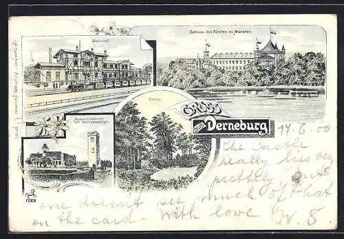 Lithographie Derneburg, Bahnhof, Schloss des Fürsten zu Münster, Aussichtsturm