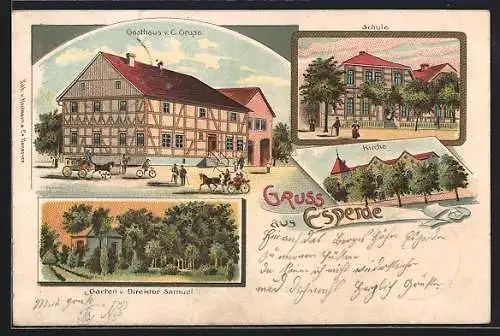 Lithographie Esperde, Gasthaus v. C. Grupe, Schule, Kirche