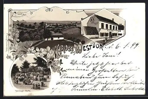 Lithographie Westdorf / Aschersleben, C. Helmdags Restaurant und Garten, Ortsansicht