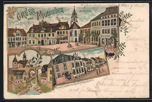 Lithographie Mutzschen, Restaurant am Marktplatz, Kaisl. Postamt mit Bahnhofstr., Schlossbrücke