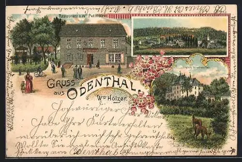 Lithographie Odenthal / Rheinl., Restaurant v. Ww. Hölzer, Schloss Strauweiler