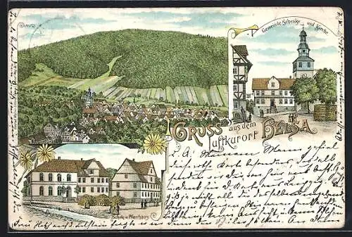 Lithographie Helsa, Gemeinde-Schenke und Kirche, Schule u. Pfarrhaus