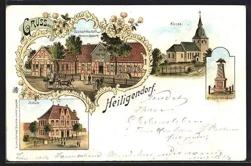 Lithographie Heiligendorf, Gasthaus von Hermann Spanuth, Kirche, Schule, Kriegerdenkmal