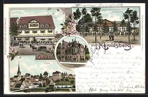 Lithographie Heroldsberg, Gasthaus & Brauerei zum Bären, Villa Friedrichsruh, Totale