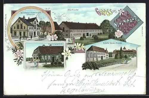 Lithographie Neuenwalde, Geschäftshaus & Gastwirtschaft C. H. Hencken, Kirche Neues Kloster