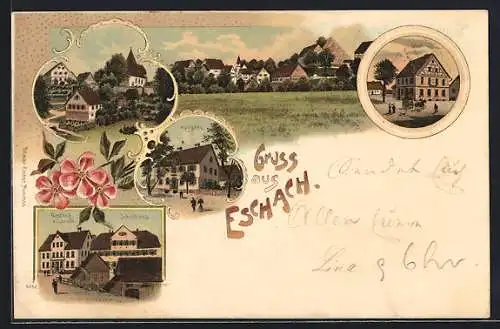 Lithographie Eschach / Württ., Gasthof zum Lamm, Apotheke, Post