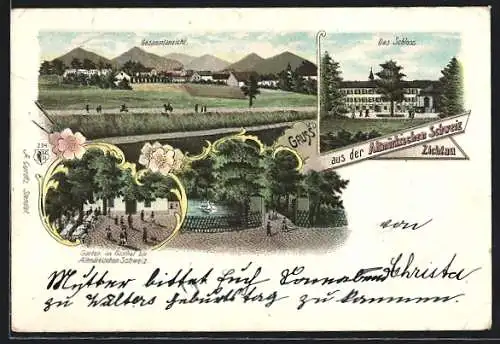 Lithographie Zichtau, Garten im Gasthof zur Altmärkischen Schweiz, Das Schloss