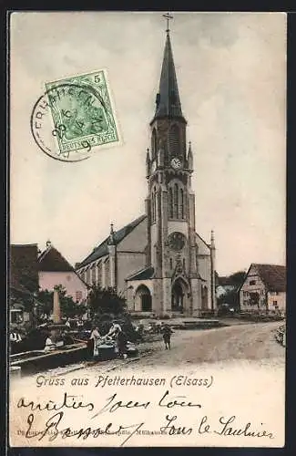 AK Pfetterhausen /Elsass, Kirche und Brunnen